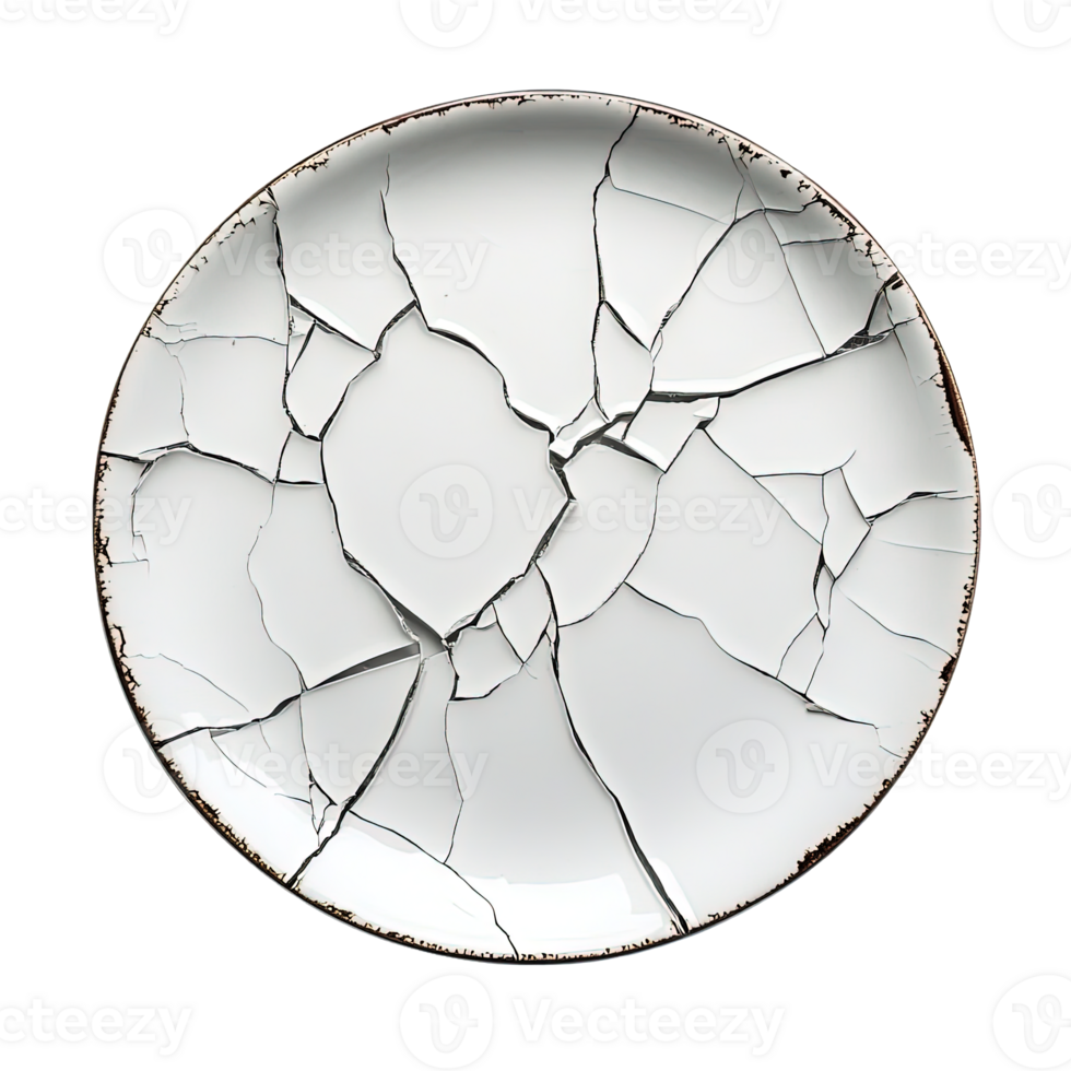 Cracked White Ceramic Plate with Fragmented Pattern and Weathered Look png