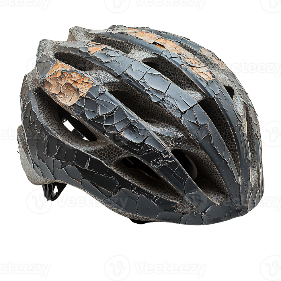 Close-Up of Broken Cycling Helmet with Cracks and Scratches png