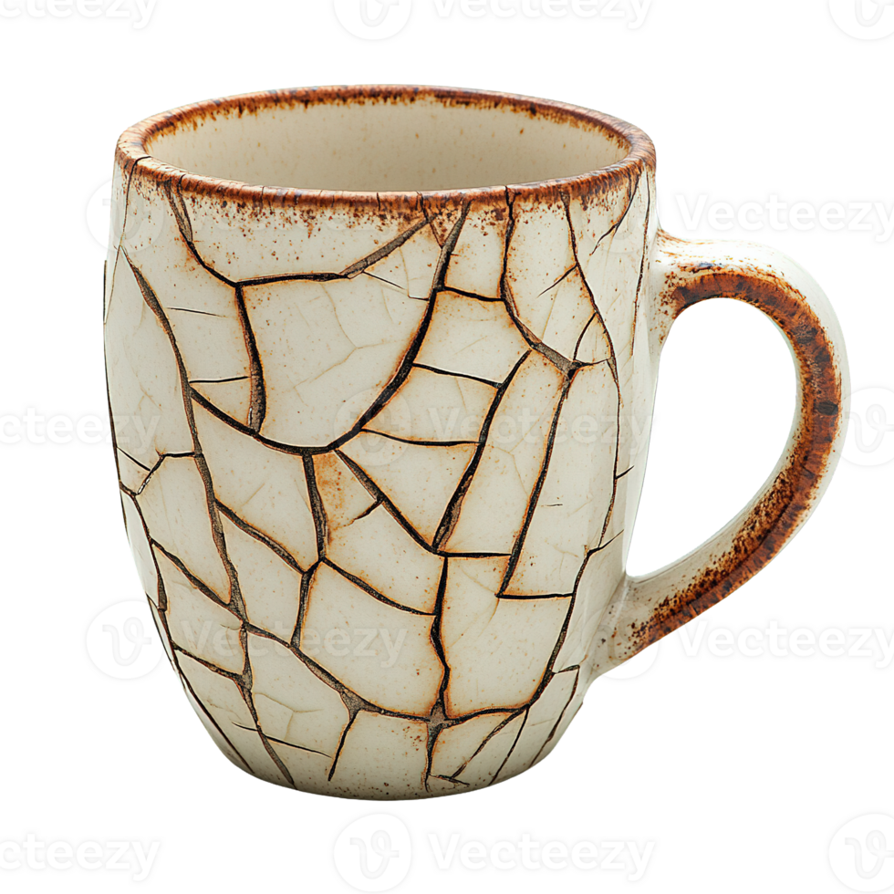 Damaged Coffee Mug with Fractured Patterns and Chipped Edges on Transparent Background png