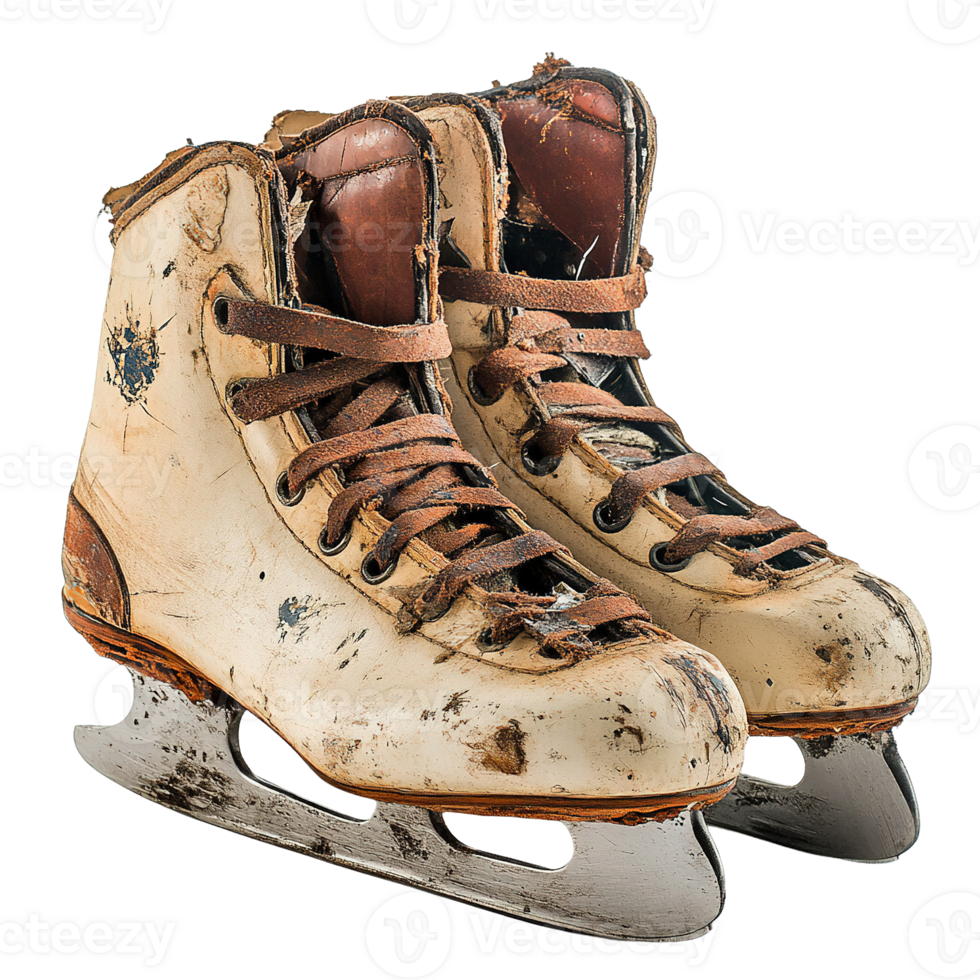 Aged Ice Skates with Heavily Scuffed Leather and Rusted Blades png