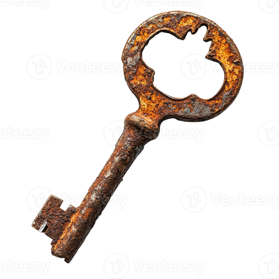 Heavily Corroded Key with Round Bow and Extensive Rust Damage on Transparent Background png