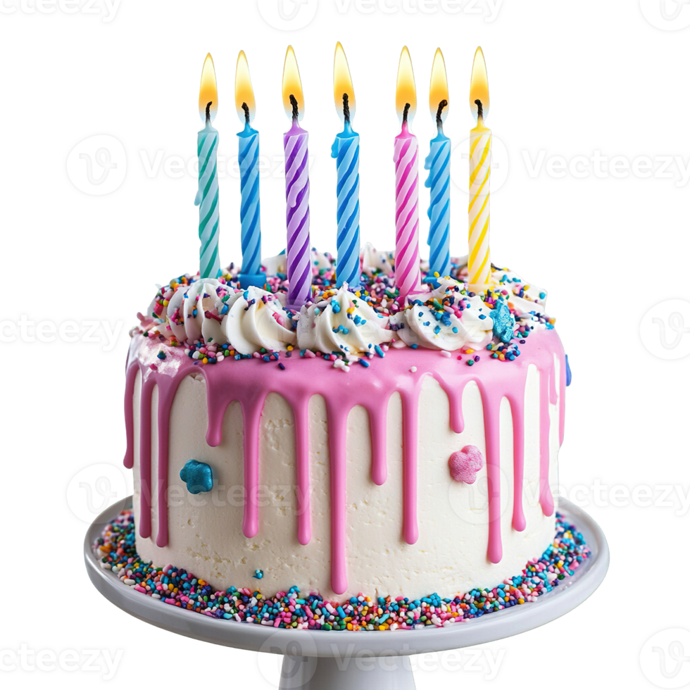 Colorful Birthday Cake with Dripping Pink Icing and Lit Candles on Transparent Background png