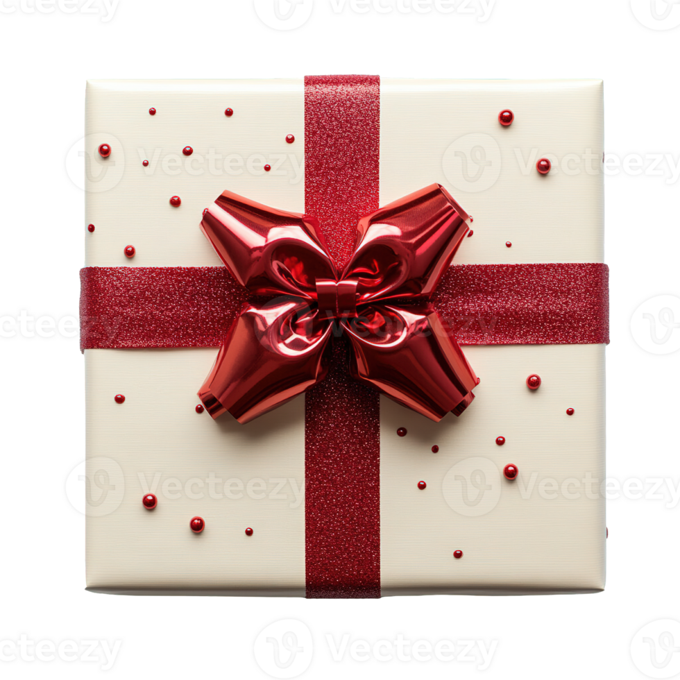 Festive Gift Box with White Wrapping Paper and Glittery Red Ribbon on Transparent Background png