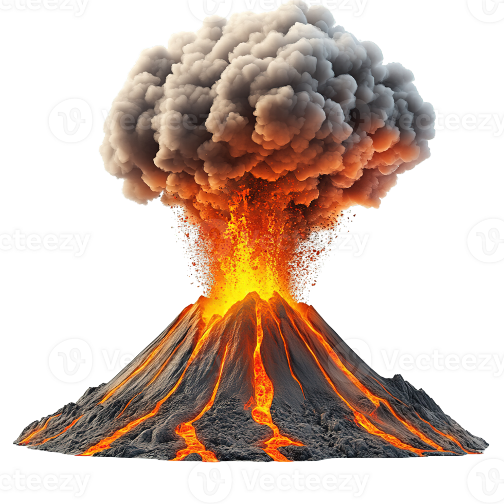 Active Volcano Erupting with Intense Lava Flow and Thick Smoke Cloud png