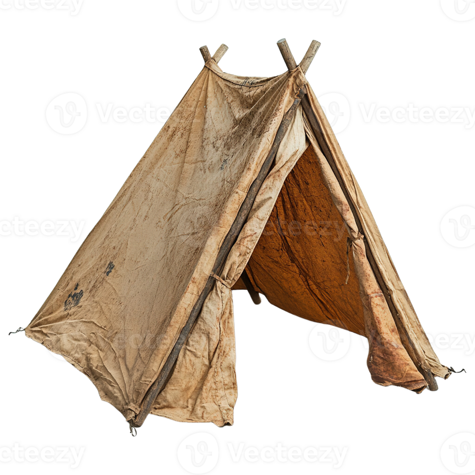 Detailed View of Vintage Camping Tents with Frayed Edges and Rustic Poles png