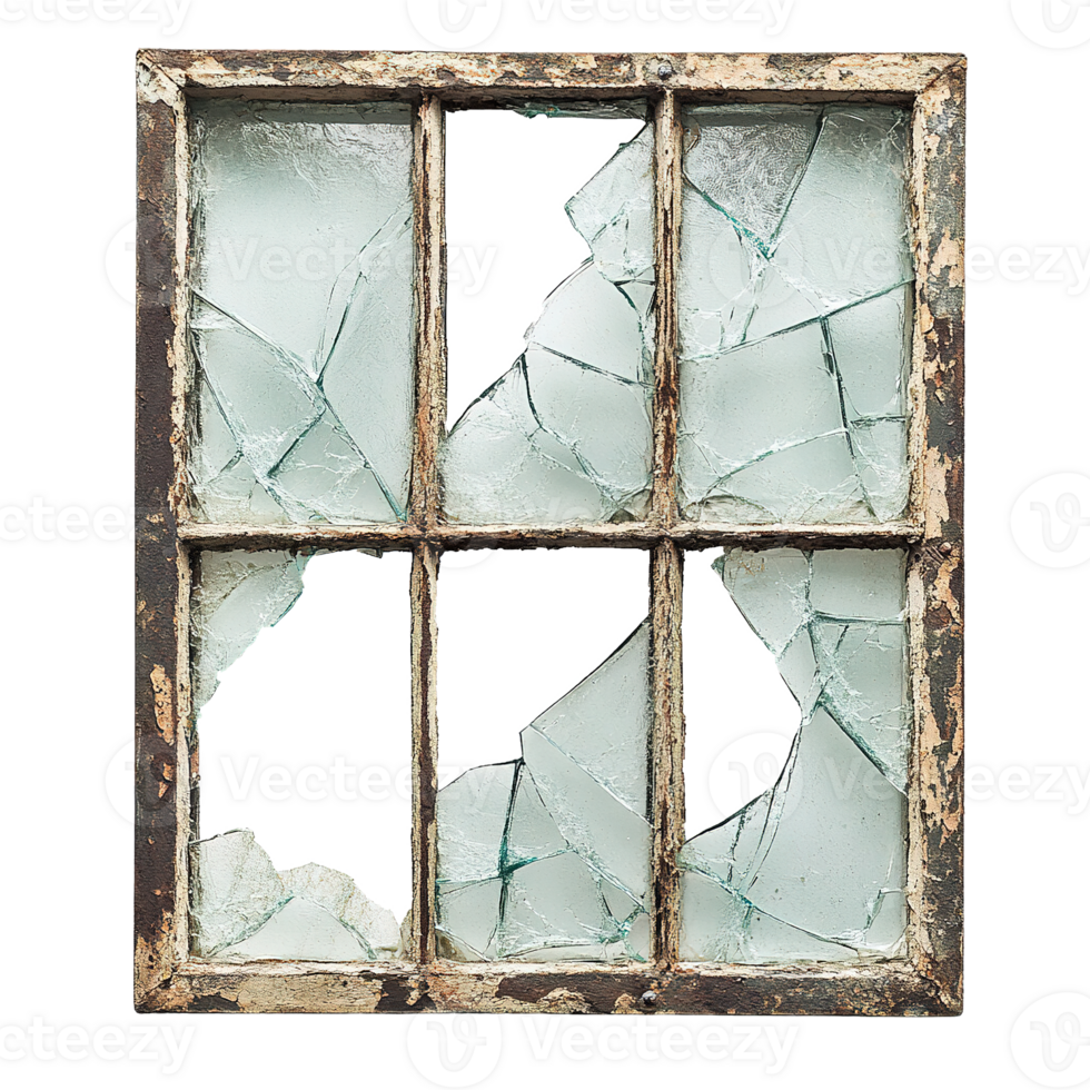 Weathered Wooden Window with Broken and Missing Glass Panes png
