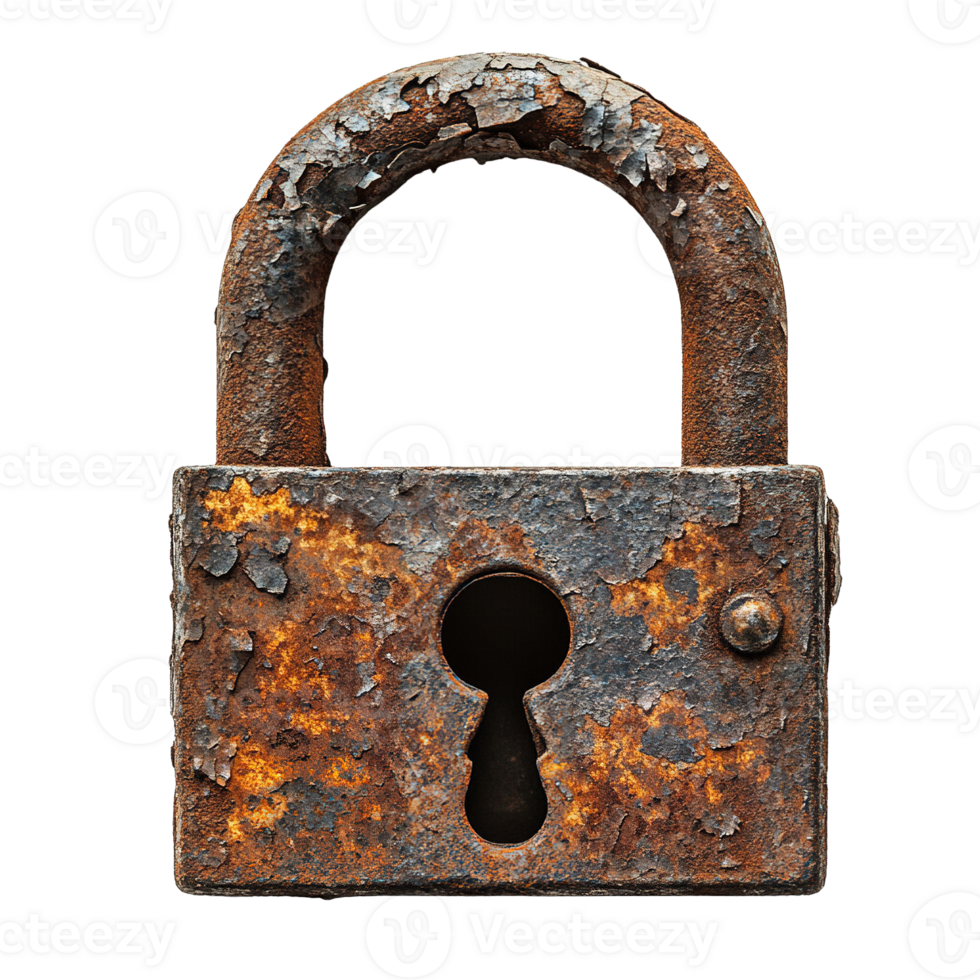 Antique Padlock with Extensive Rust and Corrosion, Highlighting Its Aged Condition png