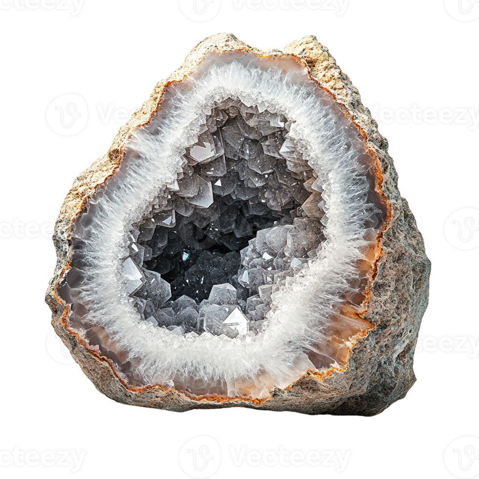Elegant Geode with Shiny Amethyst Crystals and Earthy Outer Layer png