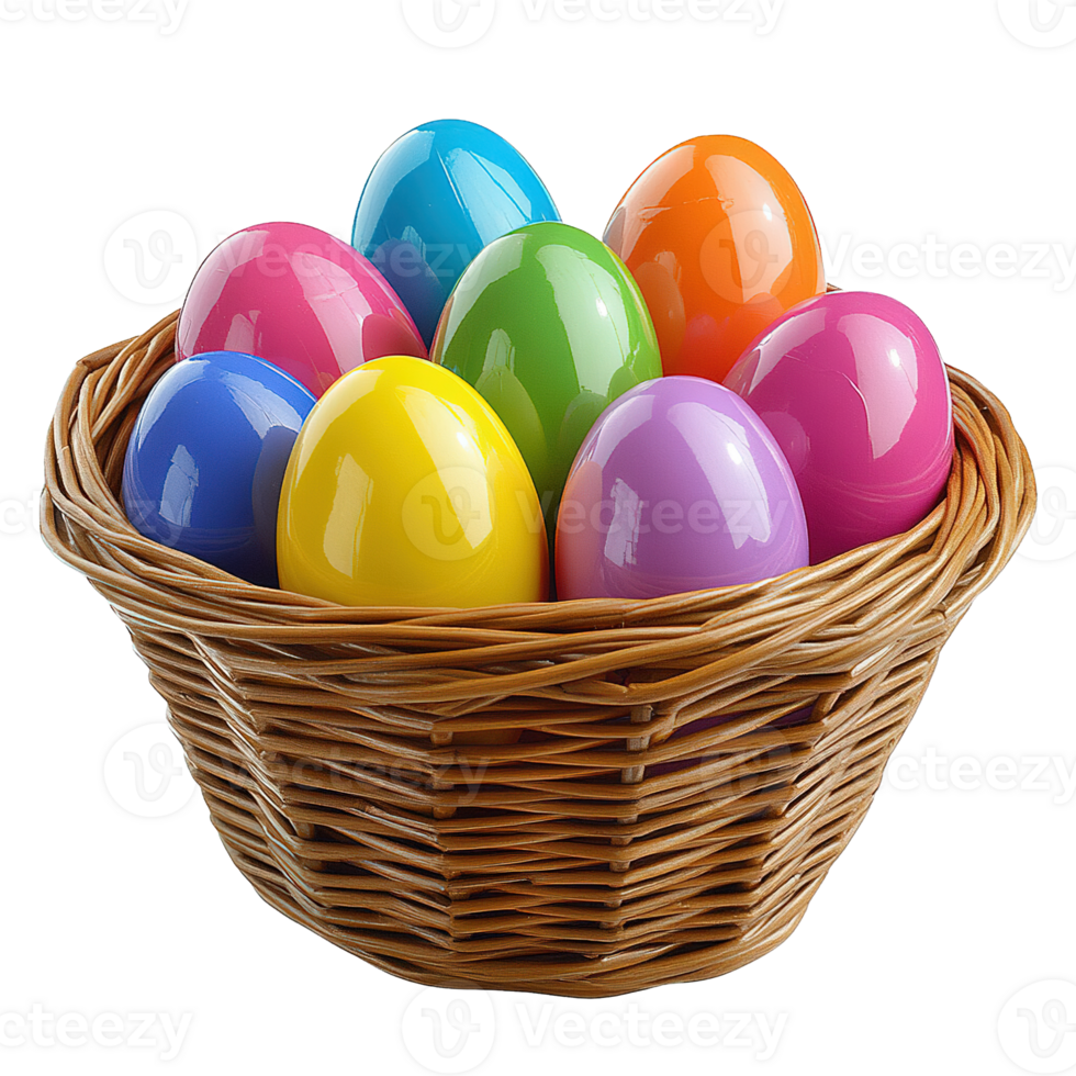 Decorative Wicker Basket Filled with Brightly Colored Plastic Eggs png