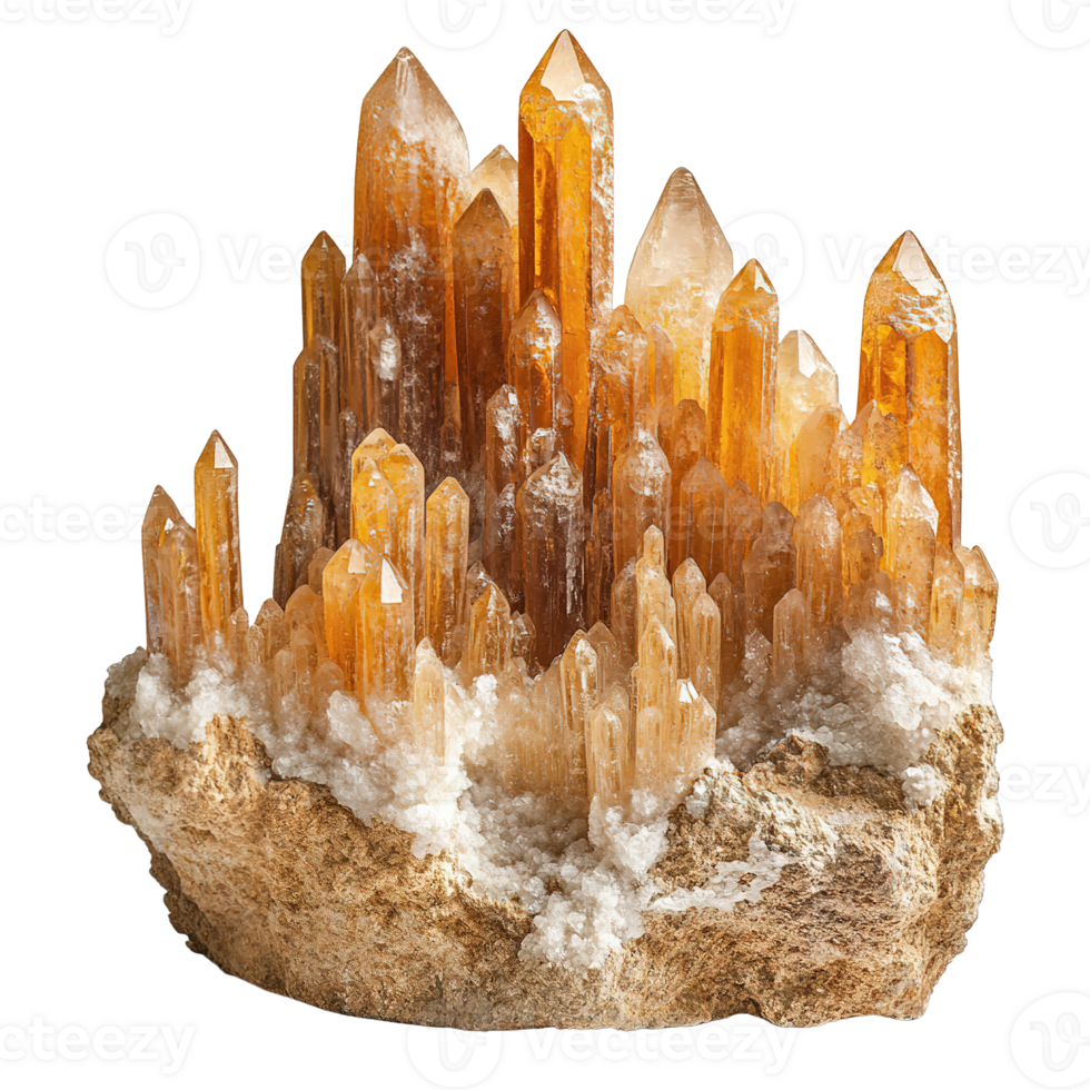 Beautiful Orange and Clear Quartz Crystal Specimens on Rocky Base png