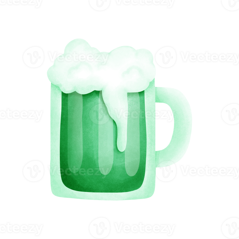 A refreshing glass of green beer with a frothy head, perfect for St. Patrick's Day celebrations. A hand-painted watercolor illustration of a classic green beer pint. png