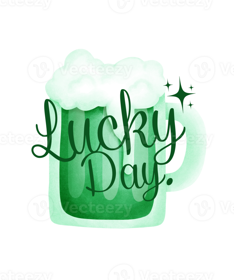 A classic St. Patrick's Day graphic featuring a pint of green beer and the phrase Lucky Day. The illustration is perfect for celebrating the Irish holiday. png
