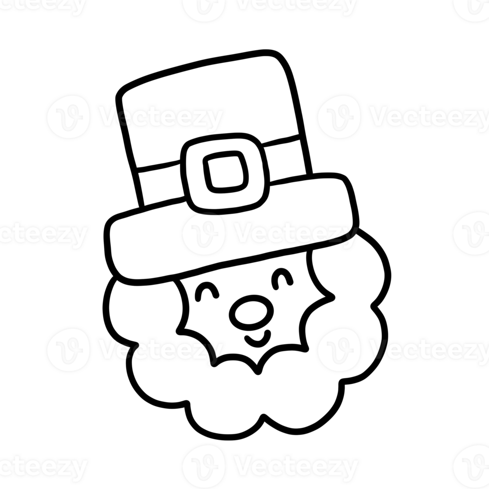 St. Patrick's cheerful face outline drawing with a hat and a smile that radiates charm and magic, black and white png