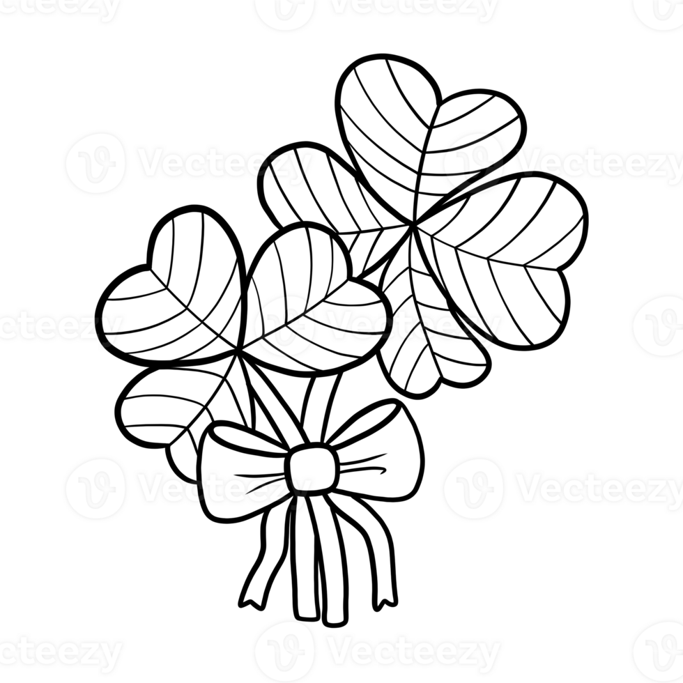 Black line drawing illustration of a three-leaf clover bouquet tied with a bow, symbolizing luck and celebration, St. Patrick's Day symbol png