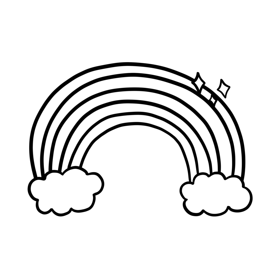 A minimalist black and white illustration of a rainbow. The rainbow is depicted with a simple outline and two clouds on either side.This design is perfect for creating simple. png