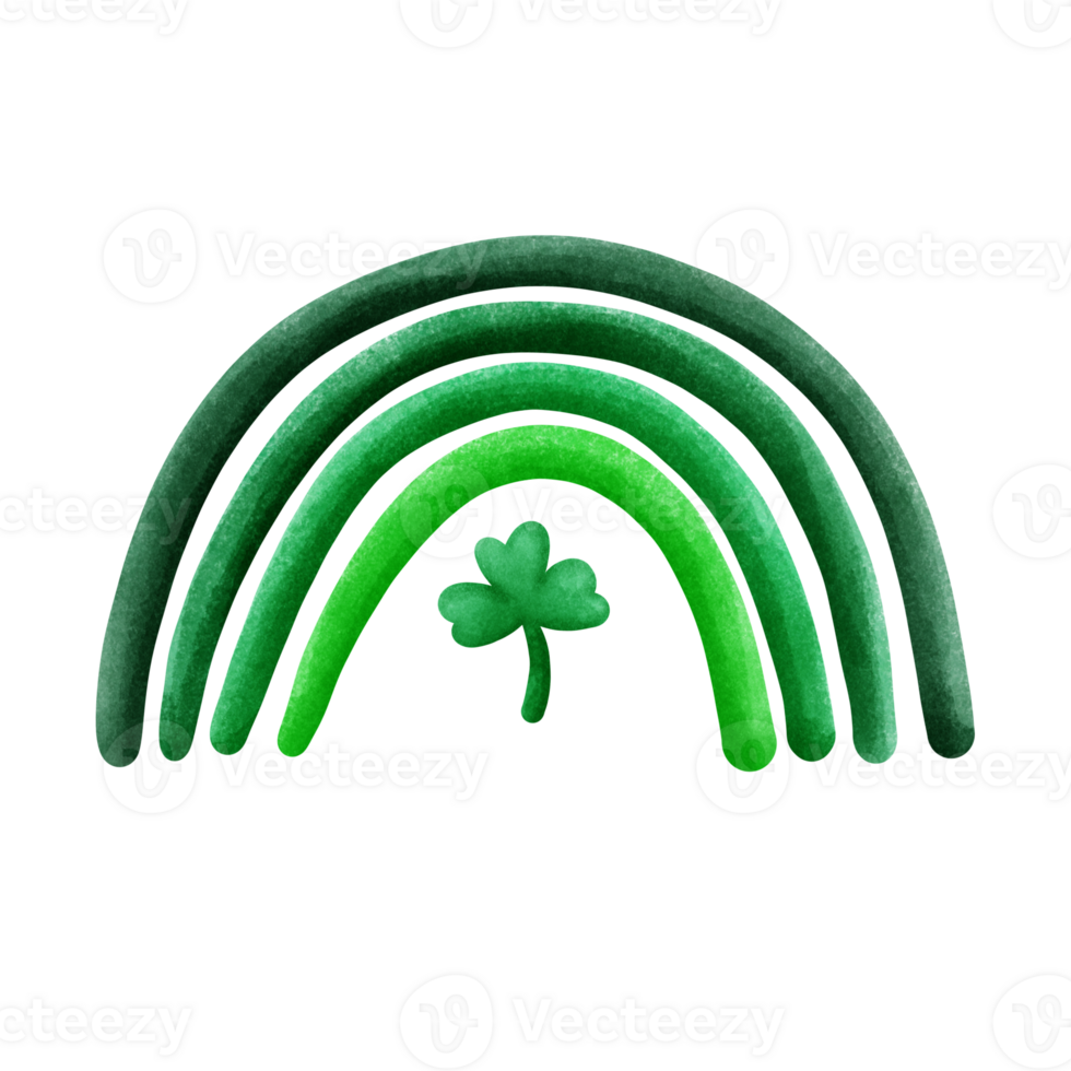 A digital illustration of a rainbow made entirely of green, symbolizing St. Patrick's Day. A four-leaf clover is placed in the center of the rainbow, representing luck and good fortune. png