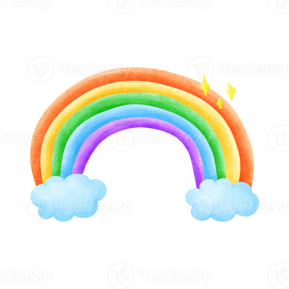 A vibrant watercolor painting of a rainbow with two fluffy clouds on either side. The rainbow is depicted with bright, saturated colors and has a sparkling effect at the top. png