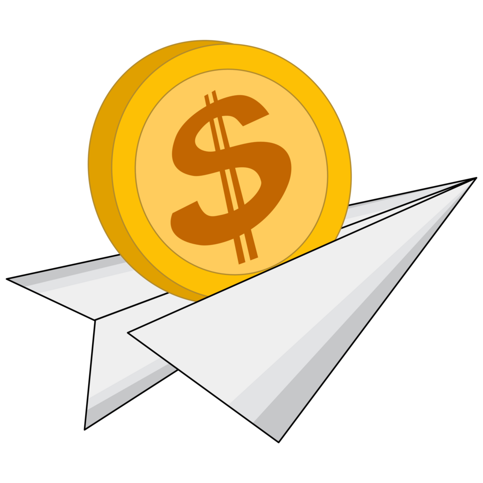 The paper airplane and coins. cartoon cute. business finance investment. illustration png