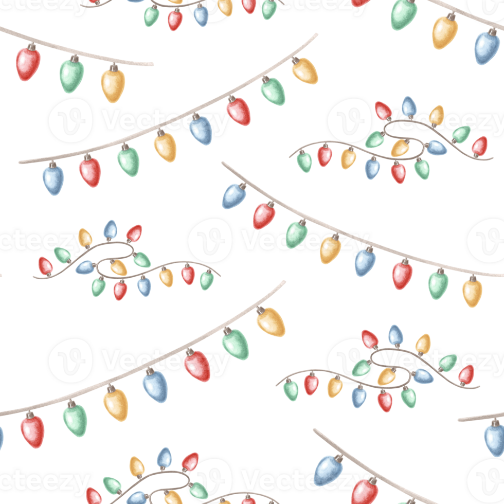 Christmas lights garland seamless pattern. Hand drawn watercolor illustration. Glowing festive light bulbs hanging. New Year, birthday holiday endless pattern. Clipart for wallpaper, wrapping, fabric. png