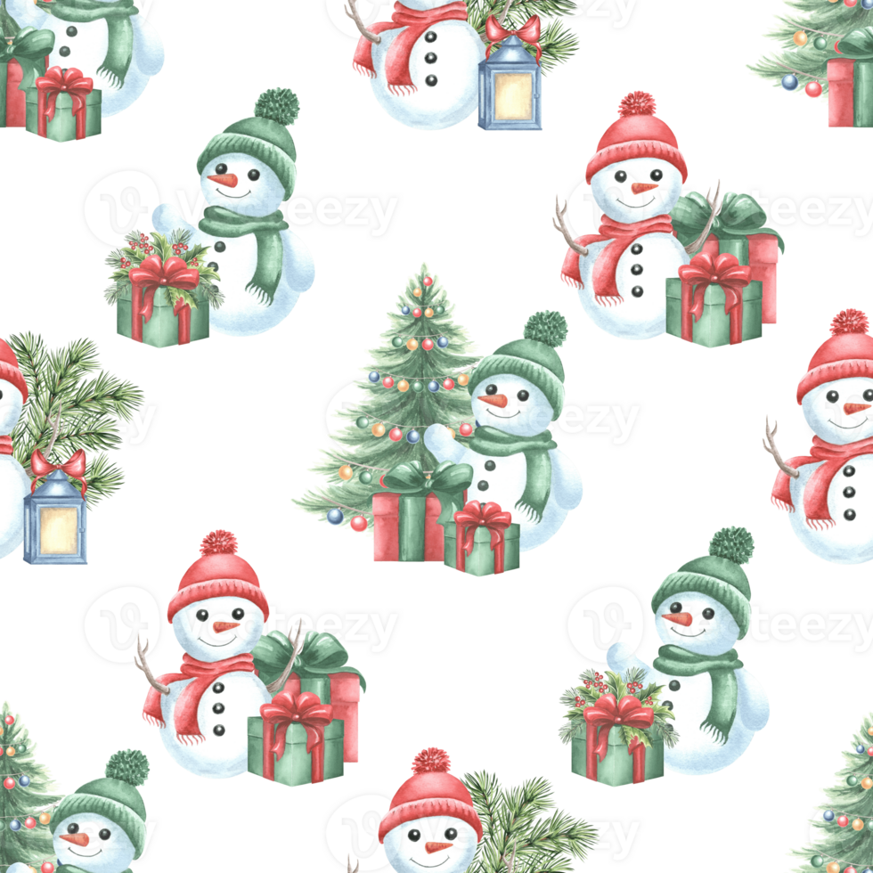 Snowmen with christmas tree, gift boxes and lantern. Winter seamless pattern for holiday design. Hand drawn watercolor illustration. Template for Christmas and New Year print, paper, wrapping, fabric. png