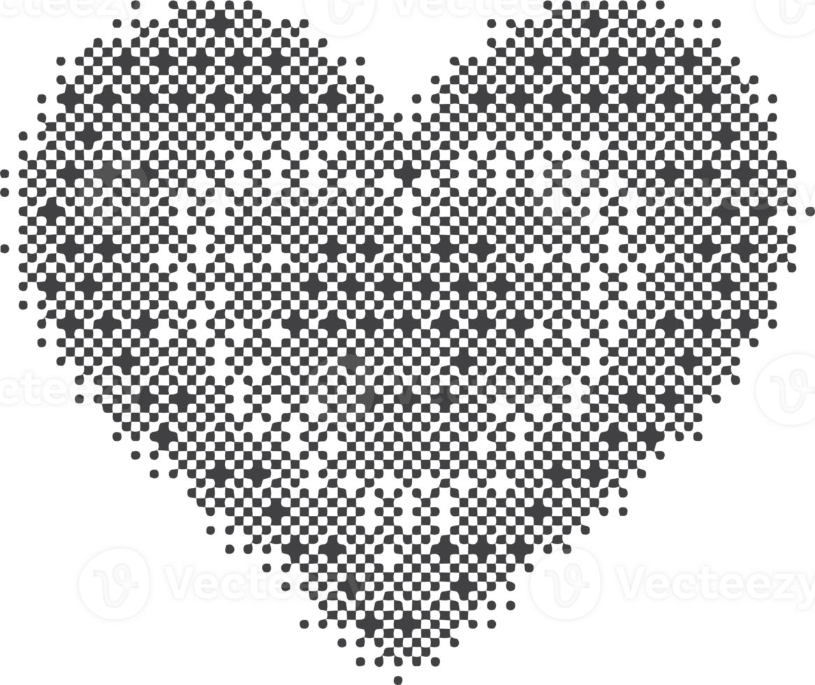 Pixel pattern shape. Textured heart with bitmap Y2k dither gradient. Retro computer game graphic effect. Halftone grunge illustration png