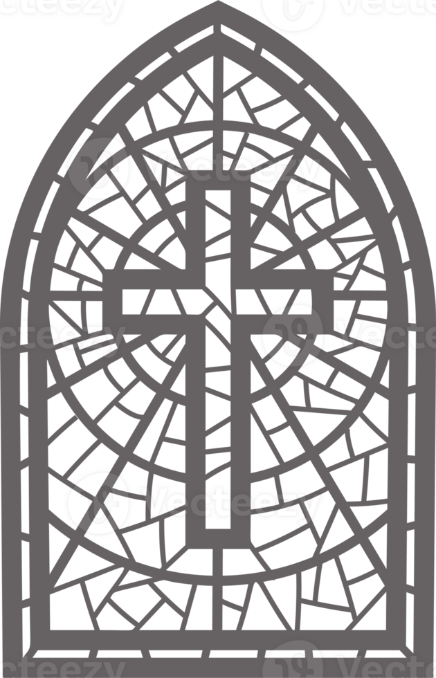 Church glass window. Stained mosaic catholic frame with religious symbol cross. Outline illustration png