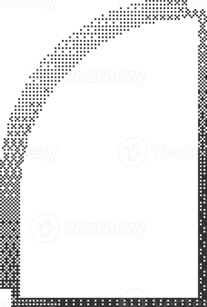 Pixel pattern frame. Bitmap arch window. Noisy arcade game gradient arc. Dotted dither graphic element. Geometric halftone abstract border. png