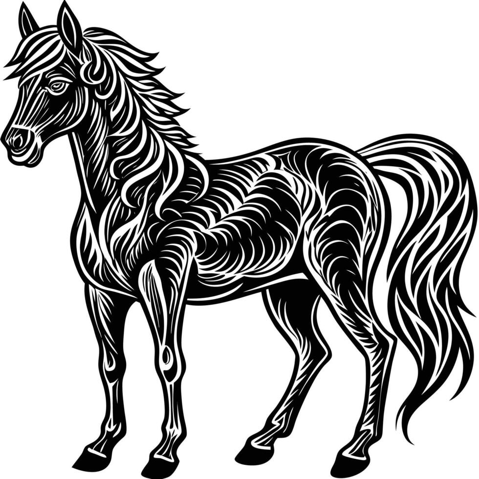 a black and white horse with long mane vector