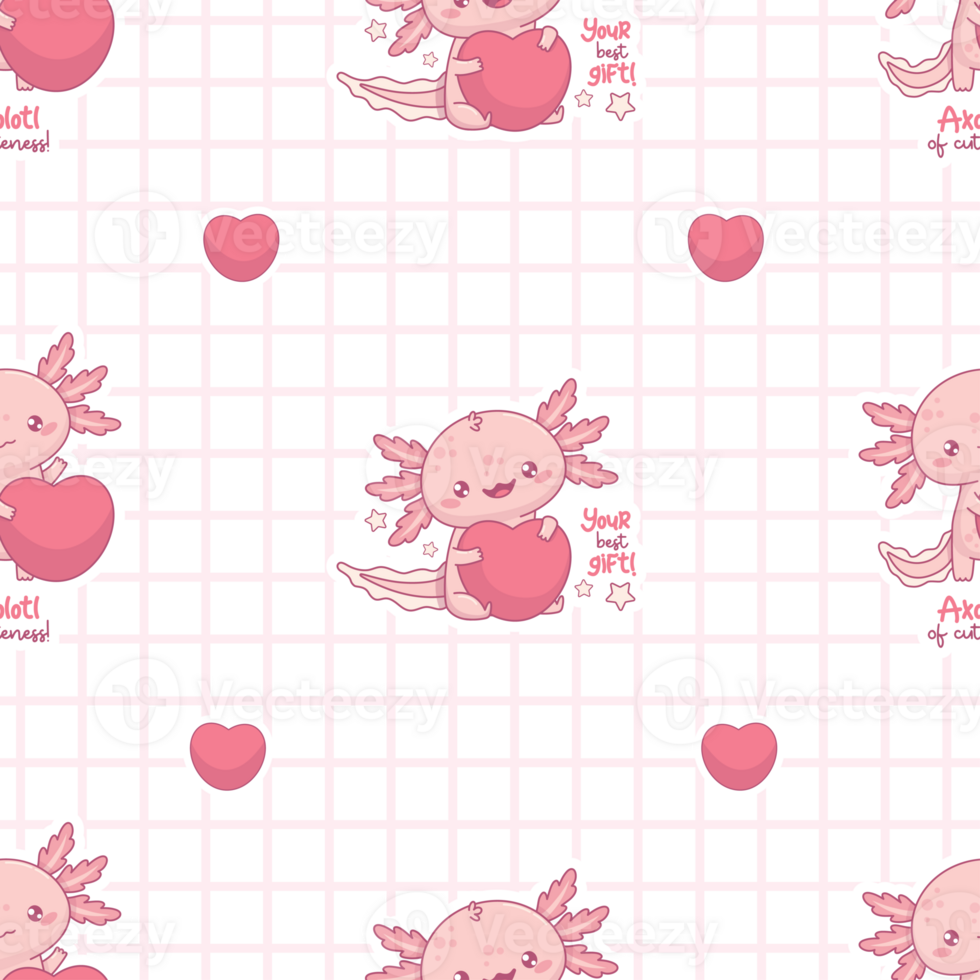 Seamless valentine pattern with cute Axolotl with big heart on checkered png