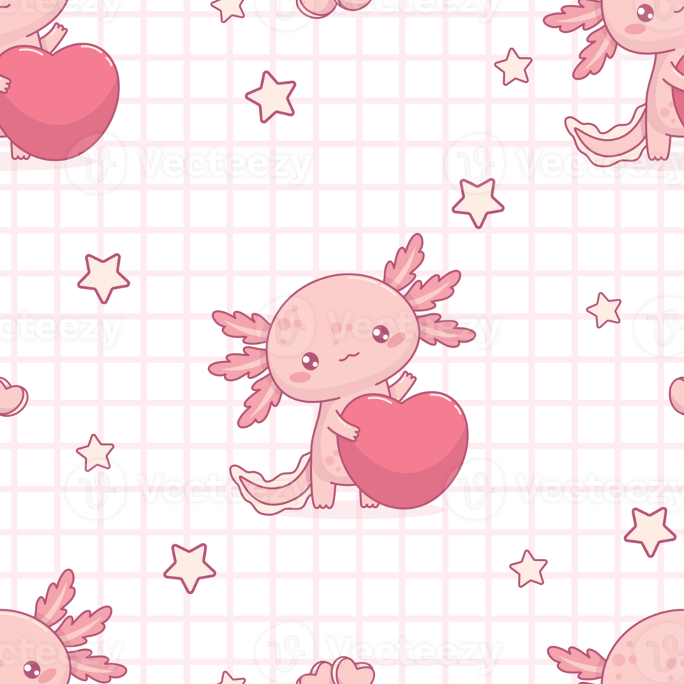 Seamless pattern with pink Axolotl with heart on checkered background png