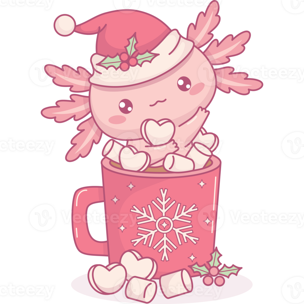 Christmas Axolotl in red cup Hot Cocoa with Marshmallows png
