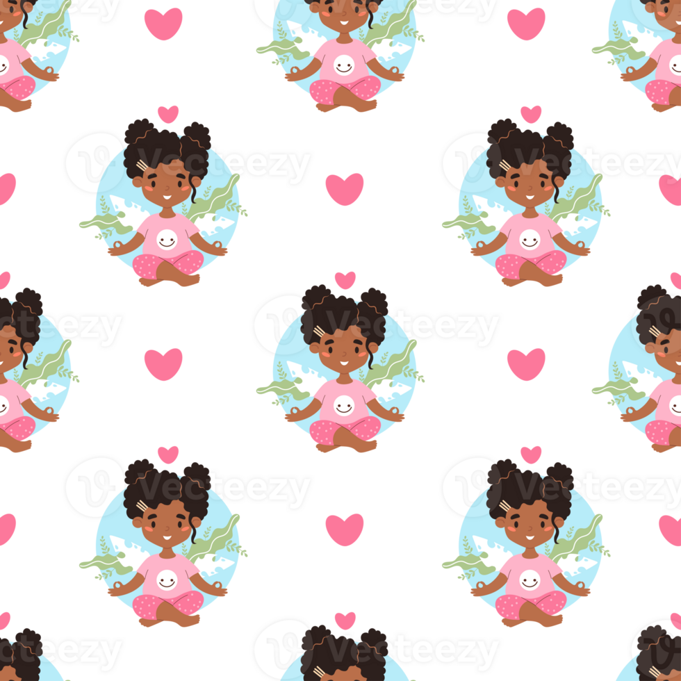 Seamless pattern with cute afro american girl child meditating in lotus pose with hearts. png