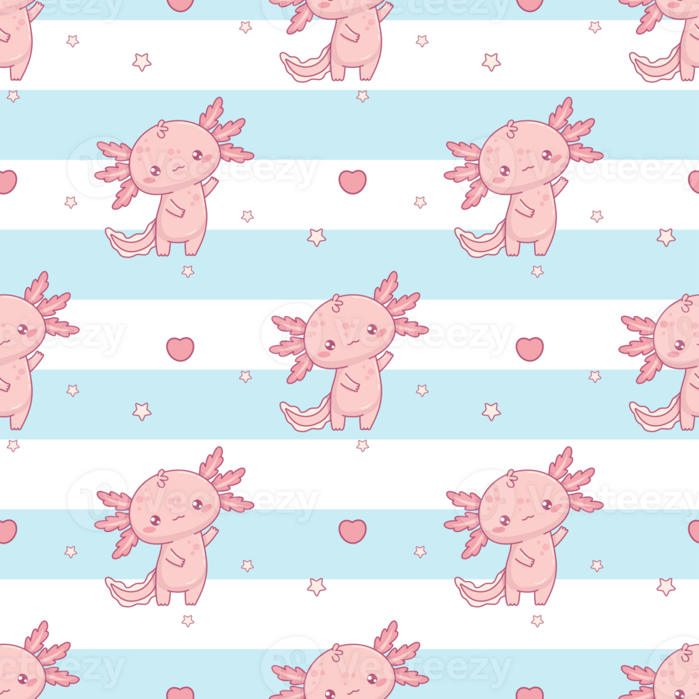 Seamless pattern with Little cute Axolotl on striped background png