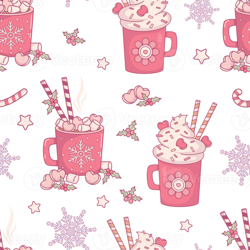 Christmas Seamless pattern. Sweet Cream Dessert Mug, cup Hot Cocoa with Marshmallows png