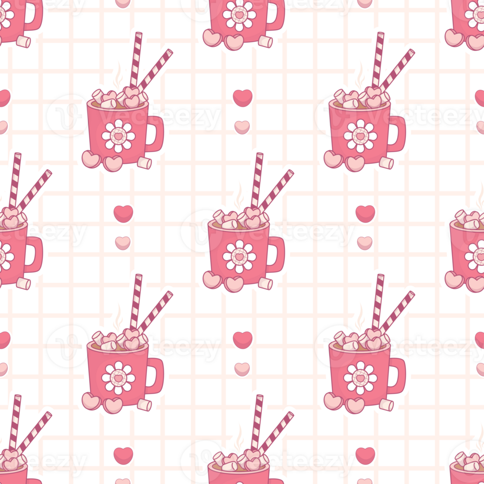 Seamless pattern Festive cup Hot Cocoa with Marshmallows on checkered with hearts png