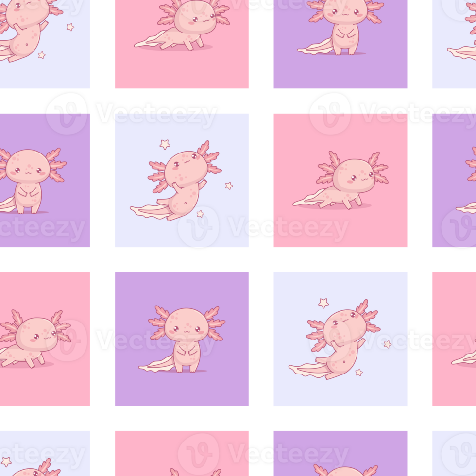 Seamless pattern with Axolotl multi-colored checkered background with little character png
