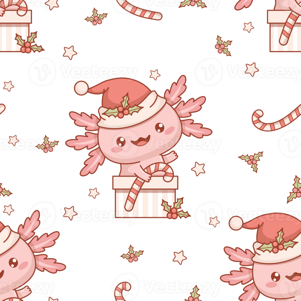 Christmas Seamless pattern with smiling Axolotl Santa with striped caramel png