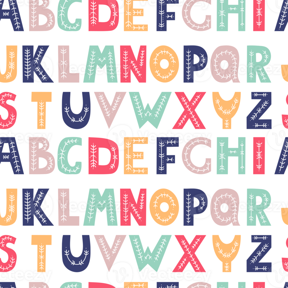 Seamless pattern alphabet. Decorative multicolored letters with folk