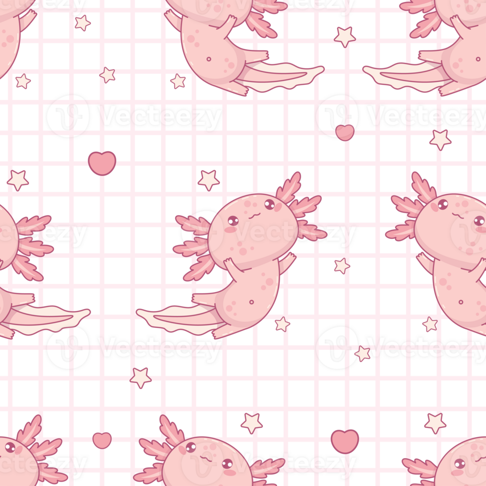 Seamless pattern with cute Axolotl on checkered background with hear png