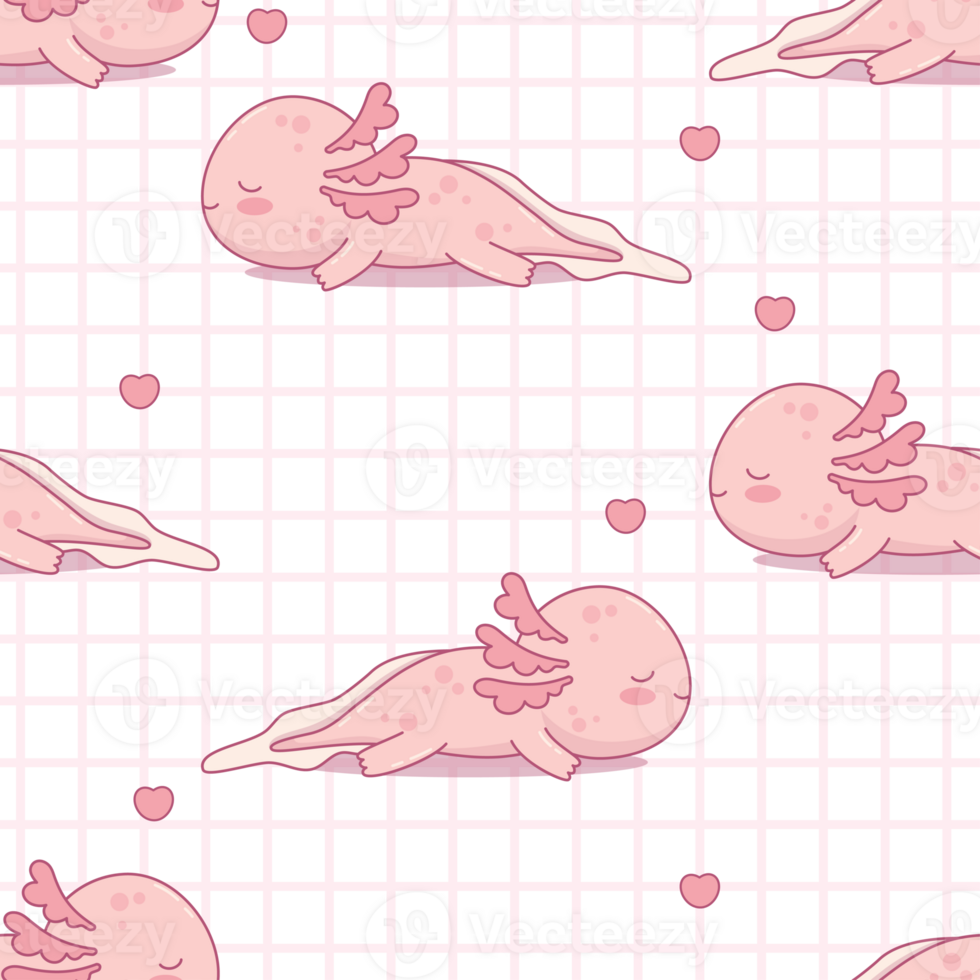 Seamless pattern with cute sleeping Axolotl on checkered background png