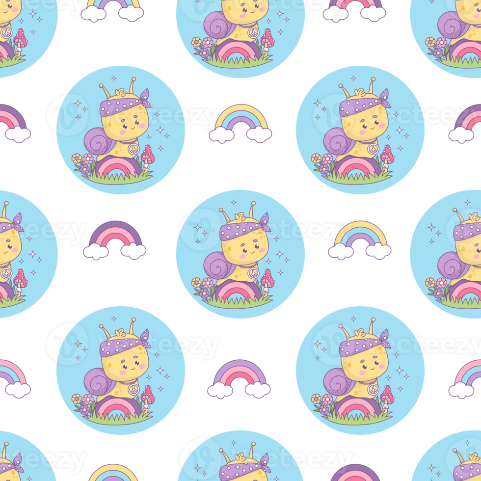 Seamless pattern with groovy snail hippy png