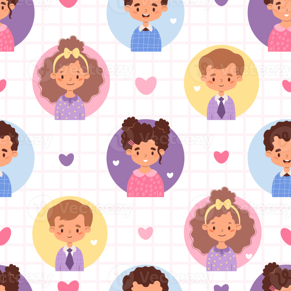 Kids seamless pattern. Cute girls and boys children on checkered background with hearts png