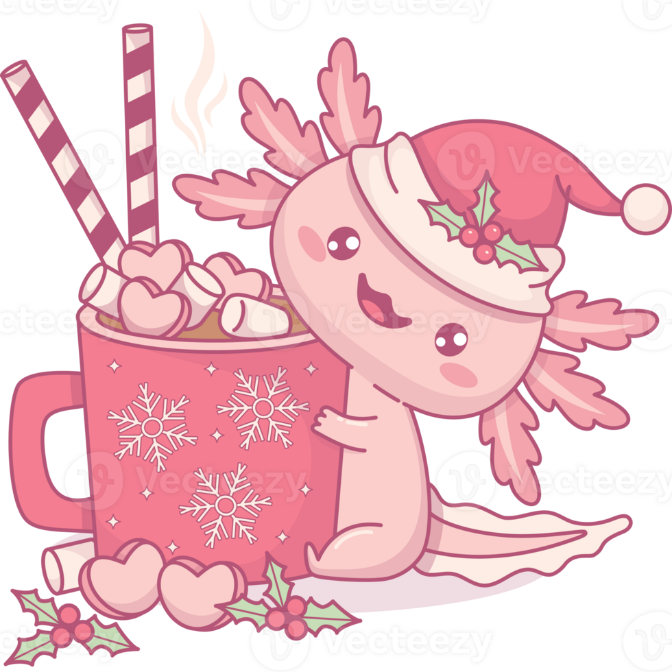 Christmas Axolotl Santa with Hot Cocoa with Marshmallows png