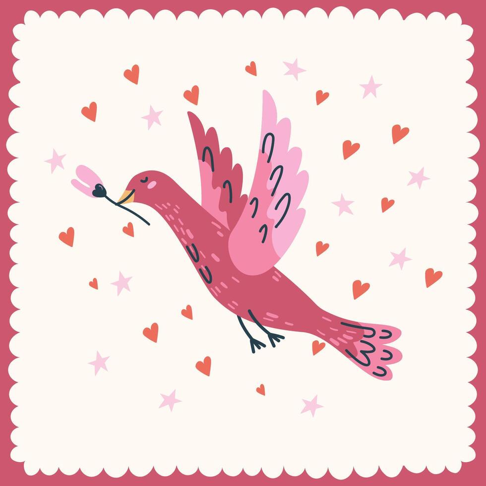 Happy Valentine's day greeting card with pink bird. Handdrawn illustration. vector
