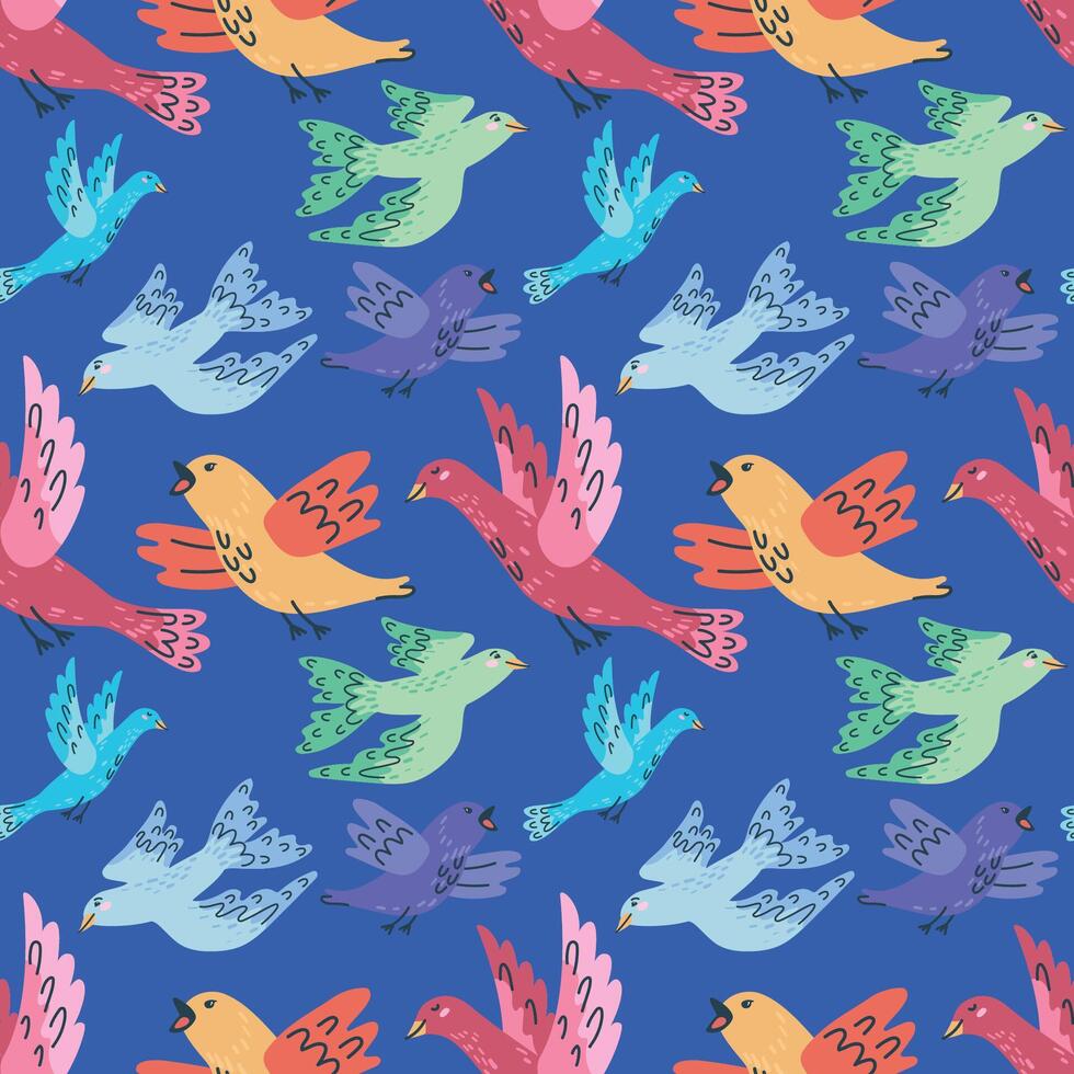 Seamless pattern. Handdrawn cute colorful birds on it. vector