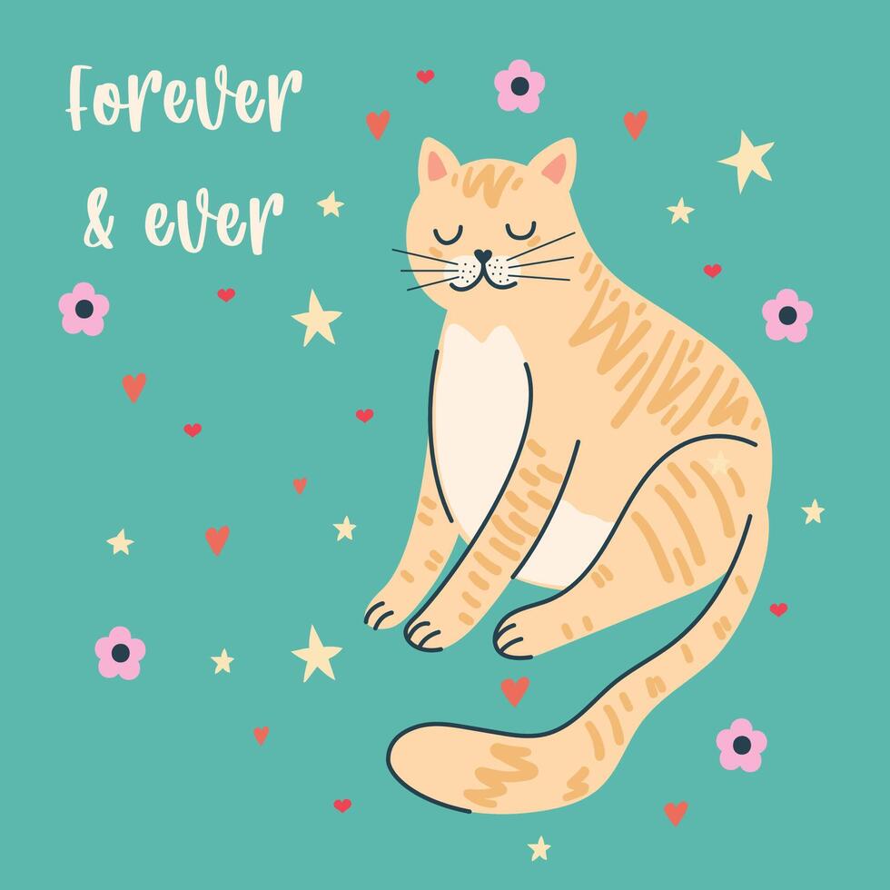 Happy Valentine's day greeting card with cat and letters. Handdrawn illustration. vector