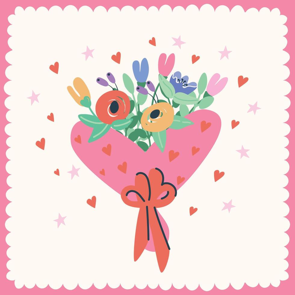 Happy Valentine's day greeting card with bouqet. Handdrawn illustration. vector