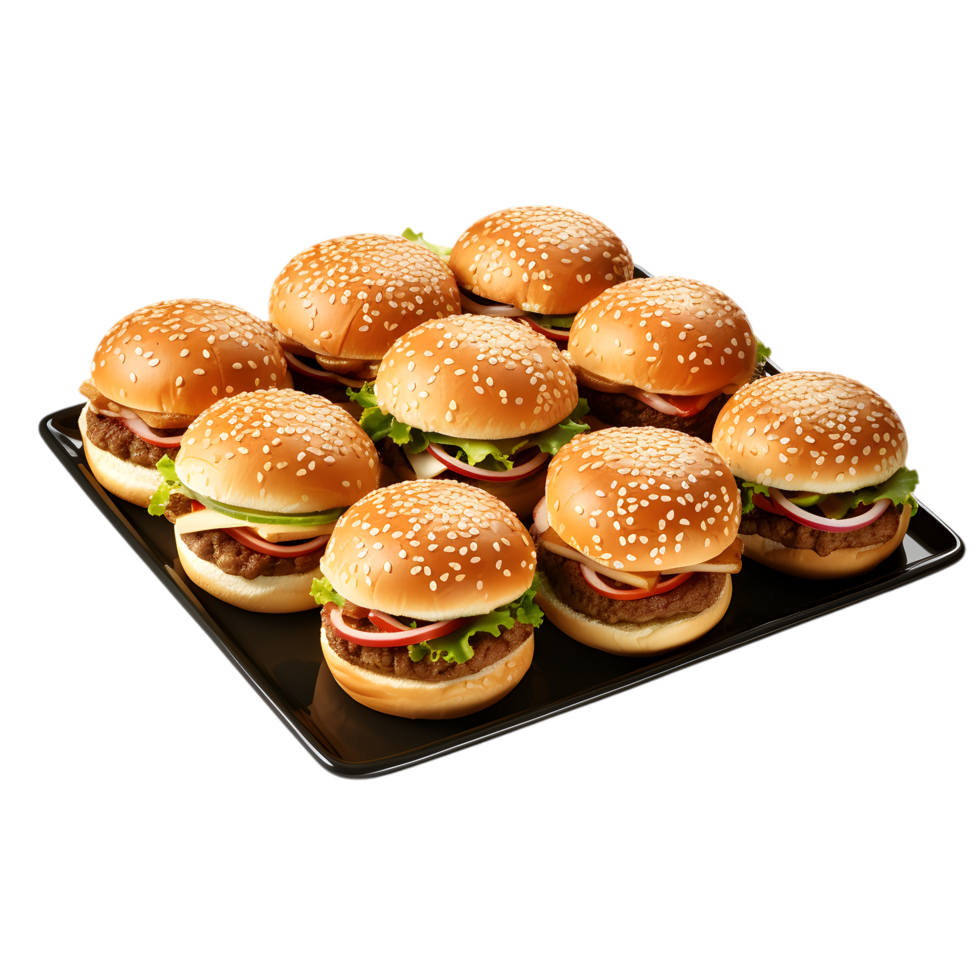 Tray of Juicy Cheeseburgers with Golden Buns png