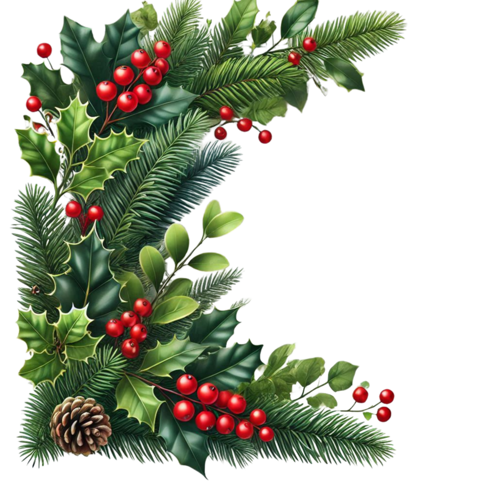 Elegant Christmas Border with Green Fir Branches, Holly, and Red Berries Transparent Background for Festive Designs png