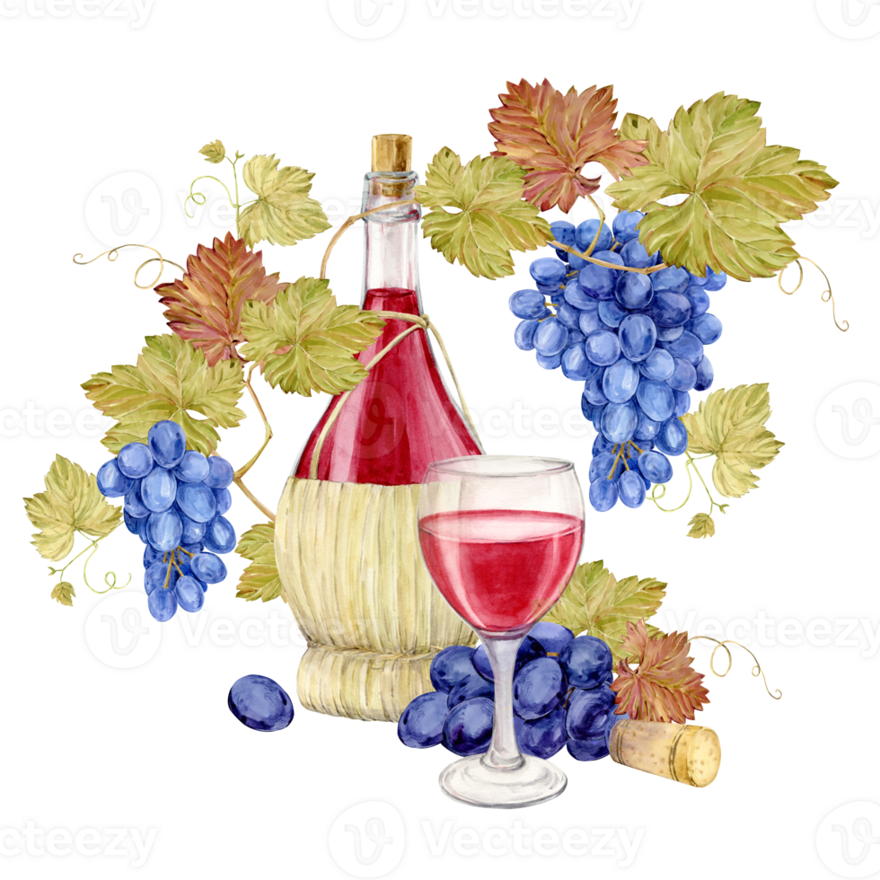 Bottles of red wine in a wicker basket sealed with a cork. Watercolor illustration of a glass in basket woven from a straw rod. Clipart for wine tasting or wine list design. png